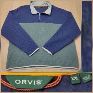Orvis Mens 1/4 Snap Pullover Quilted 2XL Green & Blue Color Block Sweatshirt